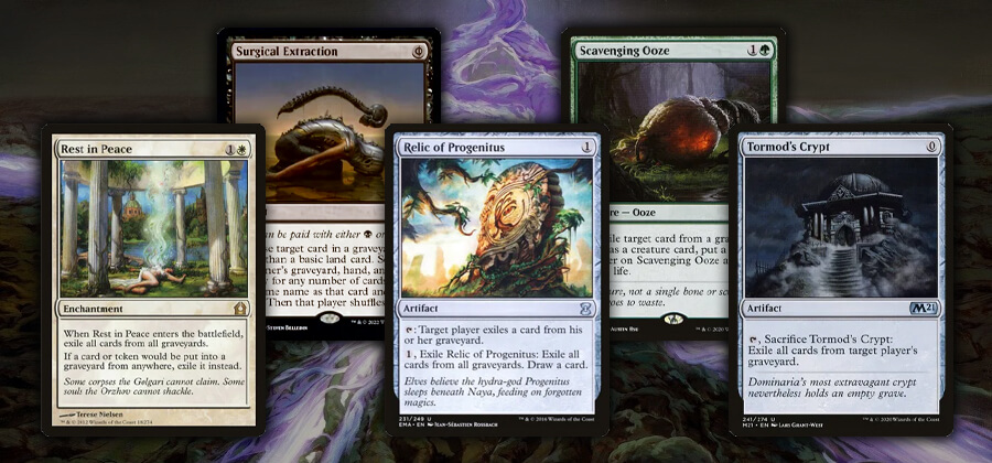 Magic the Gathering cards: Rest in Peace, Surgical Extraction, Relic of Progenitus, Scavenging Ooze, and Tormod's Crypt