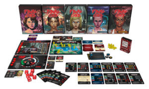 All components for Final Girl tabletop game laid out including from the 5 Feature Film packs of Series 1