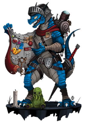 A blue scaled Kobold wearing pieces of knight armor and displaying a cloak filled with random goods for sale