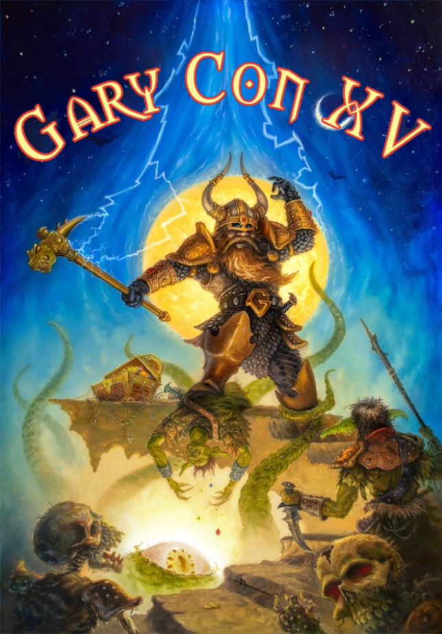 Gary Con XV 2023 convention art featuring an axe-wielding dwarf in armor