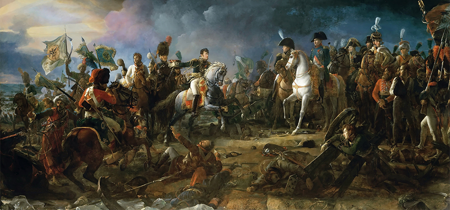 Painting of Napoleon on horseback at Austerlitz battle