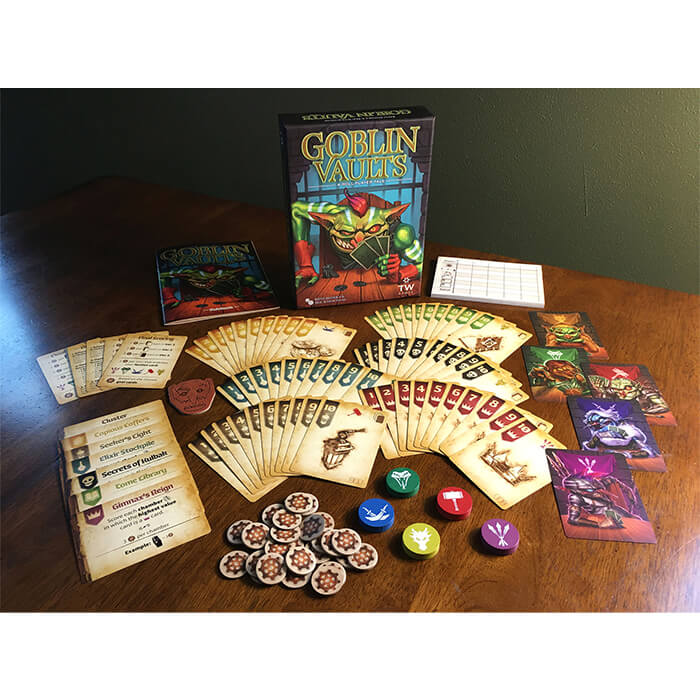 Components of the card game Goblin Vaults from Thunderworks Games