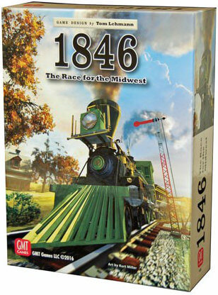 board game box with illustration of a steam engine train on tracks with billowing smoke. Text reads 1846, The Race for the Midwest, GMT Games