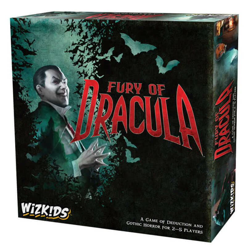 board game box Fury of Dracula 4th Edition by WizKids, with an illustration of a male vampire and a flock of bats