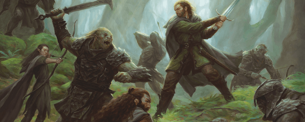 illustration of a band of orcs fighting against a team of adventurers in a forest