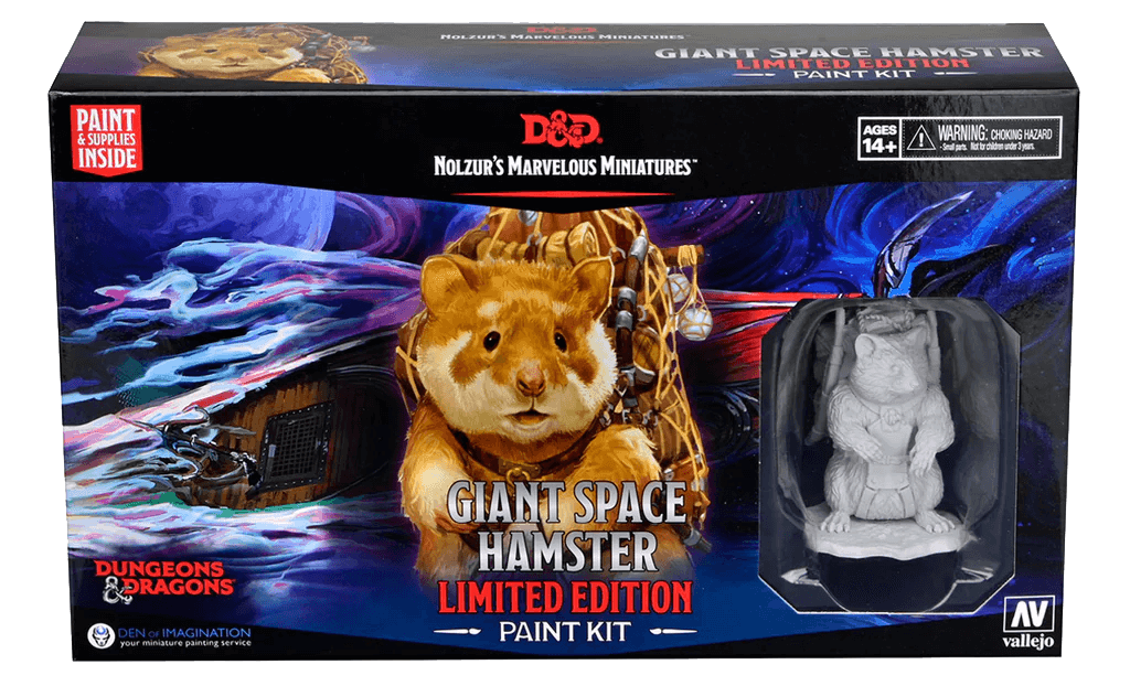 Nolzur's Marvelous Miniatures Giant Space Hamster Paint Night Kit box featuring an illustration of a hamster wearing a backpack