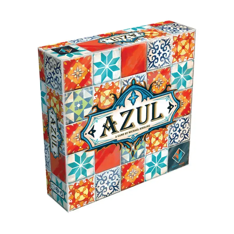 illustrated abstract azulejo tiles and the text 'Azul' on board game box