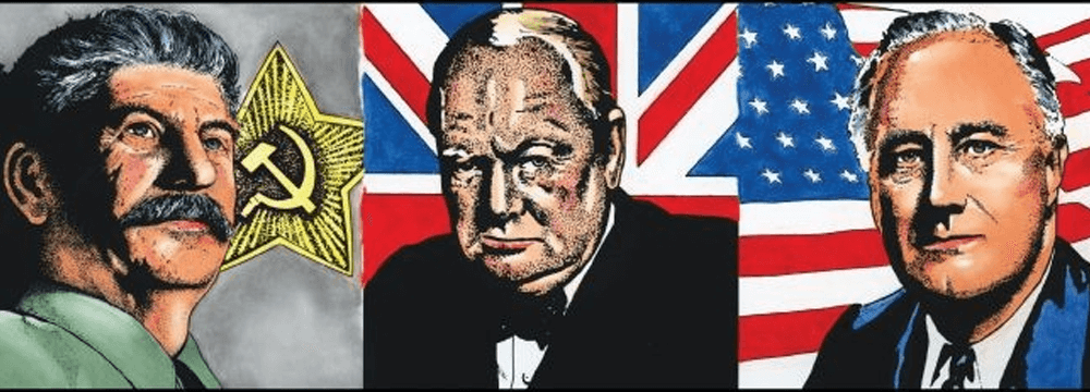 Illustrations of Stalin, Churchill, and Roosevelt from the cover of Churchill - The Big Three Struggle for Peace game box cover by GMT