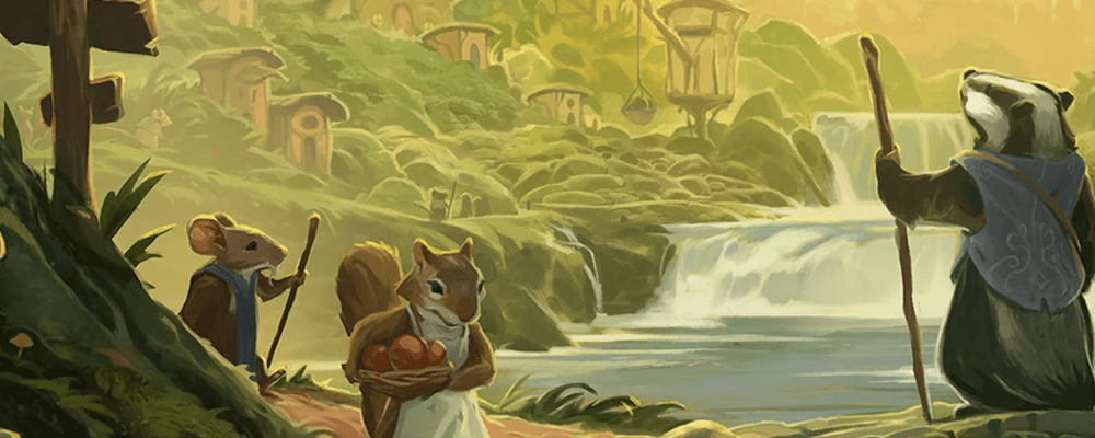 illustration of anthropomorphic mice and a badger with a walking stick surveying a woodland village, from Everdell board game box art