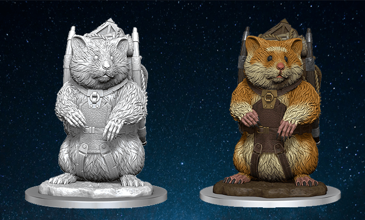 Giant Space Hamster miniature figures, unpainted and painted, over a field of stars