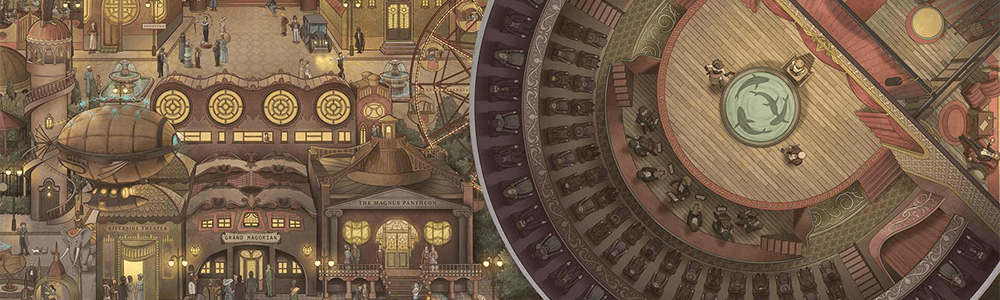 illustration of a vintage stage and Victorian era streets and shops, which forms the background of a board game board from Trickerion by Mindclash Games